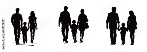 Two families stroll hand in hand, creating a joyful atmosphere. The silhouettes depict adult figures accompanied by children, showcasing love and connection.