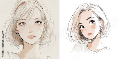 Two artistic representations of a young woman with a bob hairstyle. One features soft lines and colors, while the other showcases a more detailed sketch style emphasizing facial expressions.