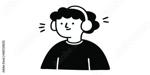 A person is engrossed in the immersive experience of sound. capturing a minimalist illustration in striking black and white.