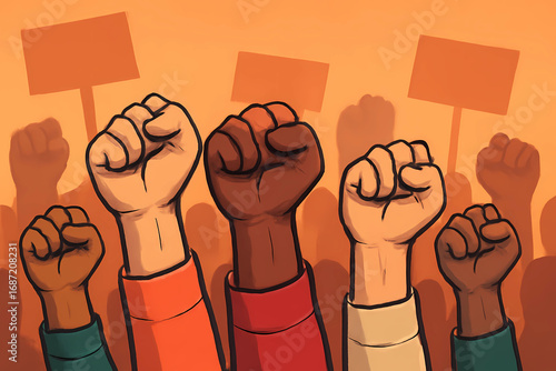 people's clenched fists during a demonstration. demonstration concept