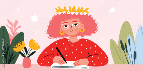 A creative individual immersed in their craft, captured through a charming and vibrant illustration. Featuring a person engrossed in writing and accompanied by the beauty of nature.