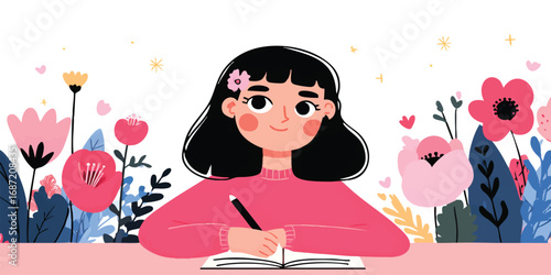 A charming illustration captures a young girl immersed in creative writing, surrounded by vibrant floral elements, expressing the joy of self-expression and imaginative storytelling.
