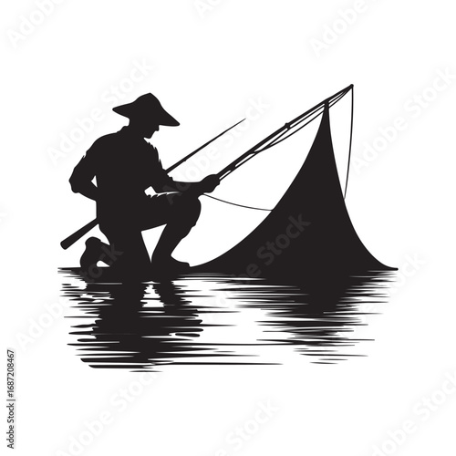 fisherman casting net vector silhouette clip art logo design illustraiton.