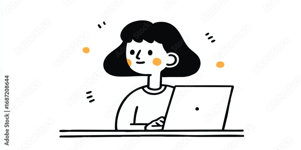 Naklejka premium A girl focused on work in front of the laptop with smile, minimalist illustration to convey message and emotion.