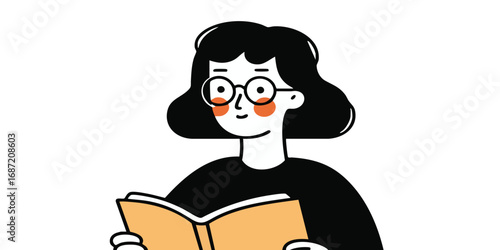 A studious illustration of a young person immersed in a book, spectacles, deep in concentration and intellectual exploration.