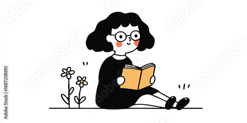 A delightful illustration depicts a young girl immersed in a good book. She is sitting among wildflowers, her glasses perched on her nose, exuding joy and tranquility.