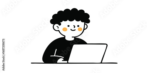 A cheerful cartoon character is engrossed in their work on a laptop, showcasing their focus and tech-savviness.