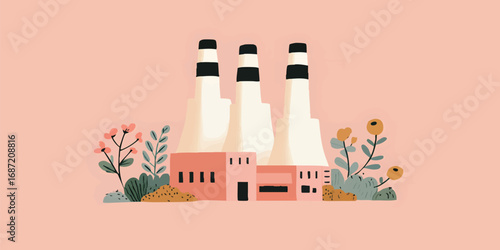 An illustration of factory integrates natural elements, suggesting a commitment to sustainability and environmental consciousness, with vibrant flowers and greenery.