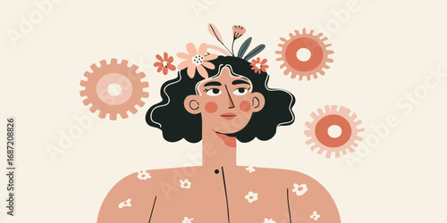 A thoughtfully adorned individual with flowers, framed by gears and cogs, representing mindfulness. A visual representation of introspective contemplation and innovative thought.