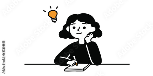 An illustrated image captures a moment of contemplation, with a person immersed in the creative process of writing. 