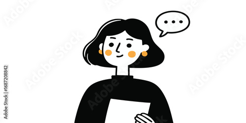 A confident woman, holding a paper and thinking. Conceptual illustration about communication, idea generation and planning.