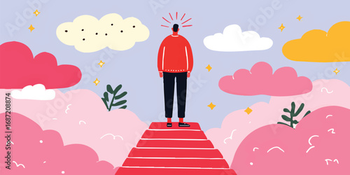 A solitary individual stands atop a metaphorical staircase, gazing towards an imaginative sky.This image captures the essence of aspiration, self-reflection, and a pursuit of personal growth.