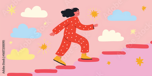 A young woman climbs stairs, symbolizing aspiration and personal development, while surrounded by whimsical clouds and stars, it’s a visual metaphor for growth, ambition, and pursuing dreams.