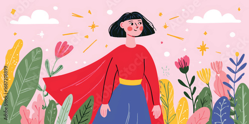 A woman radiates empowerment as she stands confidently amidst a vibrant garden, her presence symbolizing strength and determination. The illustration portrays a powerful figure.