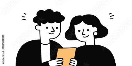 Two individuals are closely focused on a document, their expressions radiating curiosity and collaboration, a harmonious representation of teamwork. 