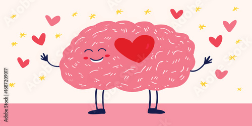 A charming illustration captures a brain bursting with love and affection, with a heart at its center. The joyful expression radiates positivity and embodies the connection between mind and heart.