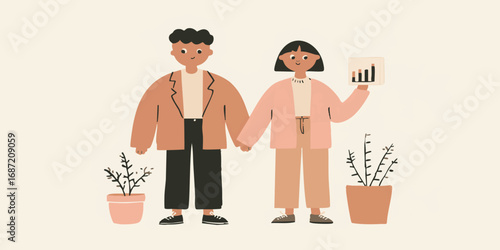 A pair of colleagues stand in front of indoor plant, fostering a sense of partnership and professional connection. One is holding chart. The scene encapsulates teamwork, shared vision.