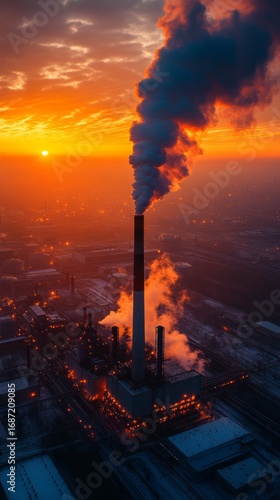 An industrial landscape with a smokestack emitting smoke against the backdrop of a sunset demonstrates environmental pollution, which is relevant for discussing environmental issues  