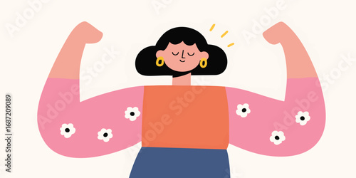 A vibrant illustration captures a woman flexing her arms, embodying strength, confidence, and self-assurance. This artistic representation symbolizes empowerment, resilience, and inner power.