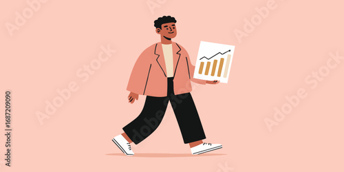 A young business professional confidently strides forward, clutching a graphic chart demonstrating the ascent of positive trends, symbolizing ambition.