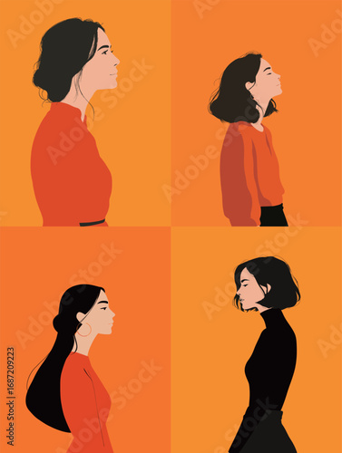 Four artistic representations of women in different styles and hairstyles are showcased against vibrant orange backgrounds. Each figure exudes uniqueness and confidence.