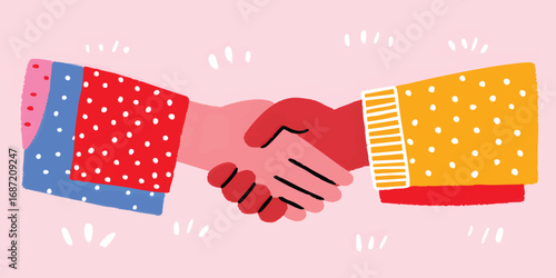 A stylized depiction of hands clasped in a strong, friendly handshake, symbolizing agreement and mutual respect, set against a delicate pastel backdrop.