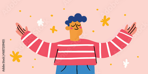 A cheerful individual radiates optimism and open-mindedness, embracing a world of possibilities with open arms. Surrounded by glittering stars.