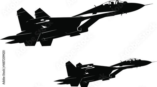 Silhouette of two fighter jets flying together, military aircraft with sleek design, twin-engine, cockpit, and aerodynamic wings isolated