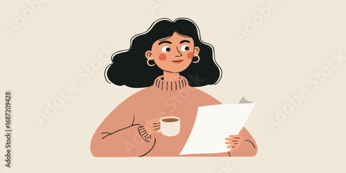 An illustrator captures a woman immersed in work with coffee in hand. The image shows a person in casual clothing sitting and studying, accompanied by a cup. 