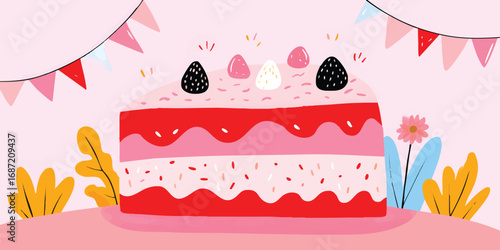 A slice of celebratory cake, topped with berries and cream, adorned with decorative elements, evokes the sweet feeling of festive occasions.