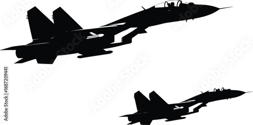 Silhouette of two military fighter jets flying in formation, sleek design, twin-engine, cockpit visible, aerodynamic wings, isolated on white
