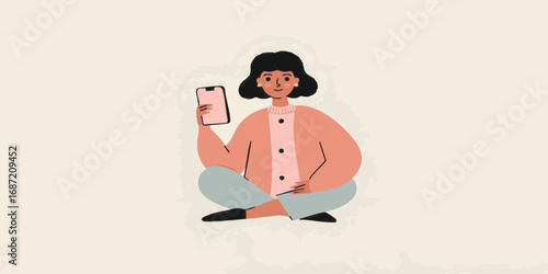 A modern woman sits serenely, absorbed in the world of technology, a sleek smartphone in her grasp, embodying the blend of simplicity and connectivity.