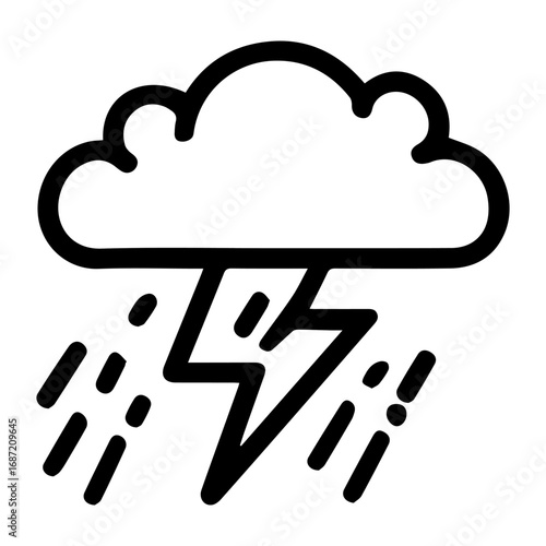 A black and white drawing of a storm cloud with a lightning bolt. Scene is ominous and foreboding