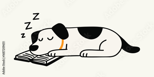 A cartoon illustration of a sleepy dog napping, nestled comfortably atop an open book, and with zzzs showing it is sleeping. It's a visual reminder of the simple joys of rest and relaxation.