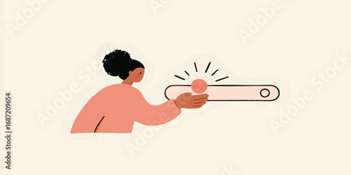 An illustrated representation depicts a woman's interaction with a digital control slider, symbolizing adjustment and influence.