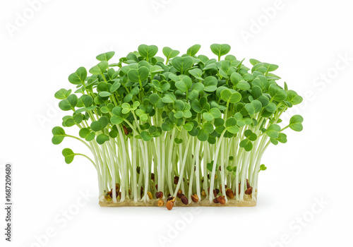 Fresh broccoli microgreens sprouts on white background