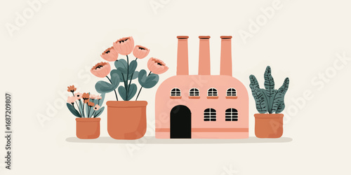 A creative, whimsical scene of a factory building merged with beautiful potted plants, blooming and bringing an air of natural beauty into an industrial scene.