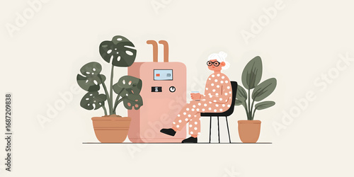 An elderly woman sits near a modern water heater with plants. Surrounded by lush houseplants. The scene is an illustration of an apartment interior. 