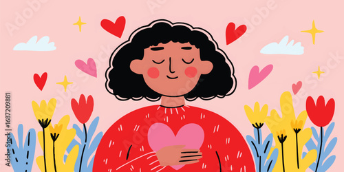 A portrait of a lady is a visual embrace of self-love, where a cheerful woman cradles a heart within a garden scene full of love.