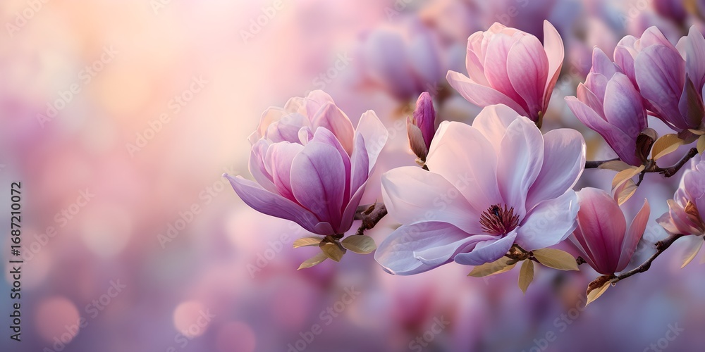 Obraz premium Close-up of blooming magnolia in pastel pink & purple — soft sunlight, delicate petals & green hints evoke romance, wellness, and luxury feminine brand visuals.