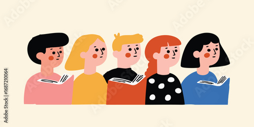 A collection of young students immersed in the world of reading, each absorbed in a book, eyes fixed on the words within, surrounded by a soft, inviting atmosphere of knowledge.
