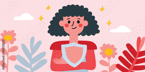 A cheerful and strong individual stands confidently, their inner light and resilience radiating within a blossoming garden setting.