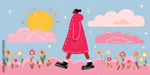 A person takes a serene stroll through a whimsical, flower-filled garden under a radiant sun and fluffy clouds, the picture is vibrant and cheerful, creating a scene of pure joy and tranquility.