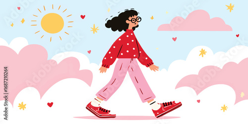 A charming illustration portrays a young woman walking amidst a whimsical sky adorned with playful clouds and a radiant sun, symbolizing joy, freedom, and carefree days.