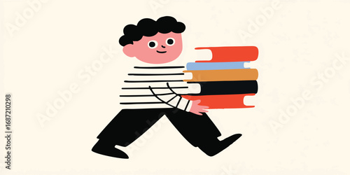 A young boy walks proudly, carrying a stack of colorful books, a symbol of education and the joy of reading, in a simple and charming illustration style.