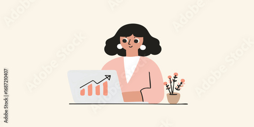 A professional woman is engrossed in work, observing a rising bar graph on her laptop screen with satisfaction. Alongside her is a potted plant, creating a professional yet relaxed atmosphere.
