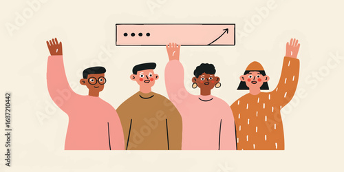 A group of individuals enthusiastically raise their hands, symbolizing collaboration and progress. The scene captures unity, communication, and positivity.