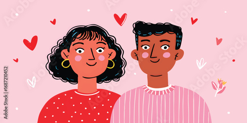 A loving couple's hearts are intertwined, their faces beaming with joy amid a flurry of heart-shaped symbols of affection, against a backdrop of soft pink.