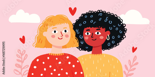 Two smiling girls express the pure beauty of love and companionship, against a background of gentle pastel hues and floating hearts, capturing the essence of affection and emotional connection.