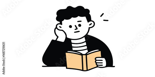 A thoughtful individual delves into the pages of a book, lost in contemplation, their face and posture depicting concentration and intrigue. 
